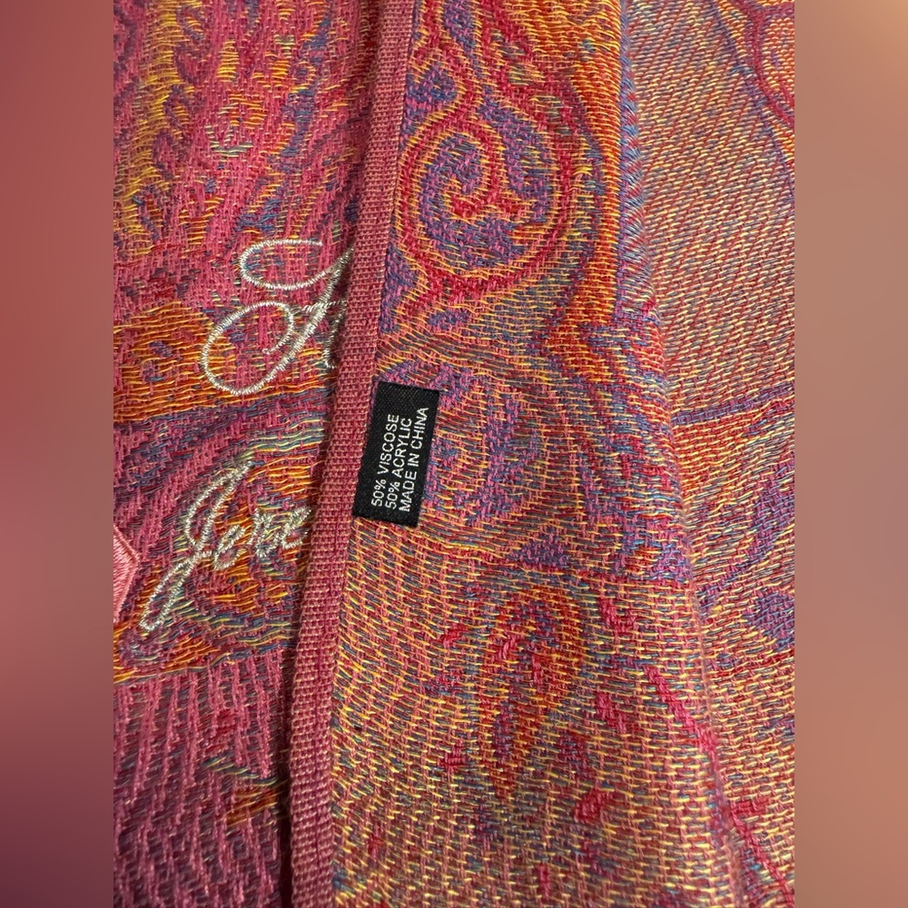 Hope Breast Cancer Awareness Scarf Pink Paisley Fringe Wrap Shawl, NWOT - Picture 5 of 6